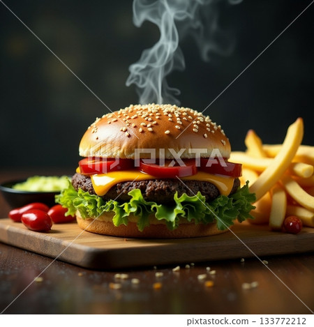 Mouthwatering burger with fries on a wooden board Generative AI 133772212