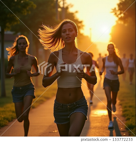Sunset joggers enjoying an evening run in the park Generative AI Sunset joggers enjoying an evening run in the park Generative AI 133772233