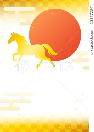 馬年新年賀卡素材,金馬、初升的太陽和日式背景 馬年新年賀卡素材,金馬、初升的太陽和日式背景 133772244