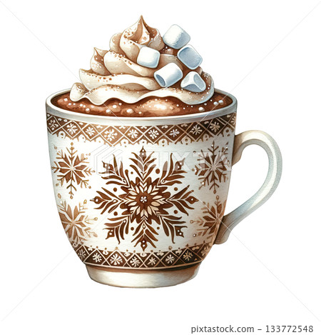 Hot chocolate with whipped cream and marshmallows, white isolate background 133772548