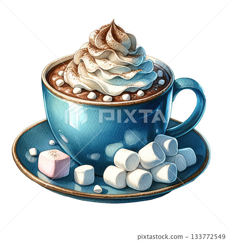 Hot chocolate with whipped cream and marshmallows, white isolated background. 133772549