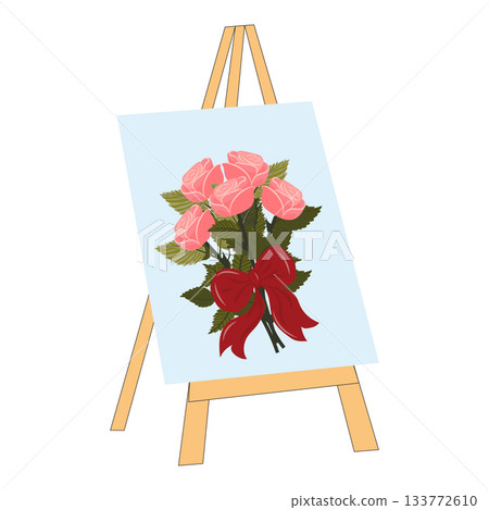 A canvas on an easel depicting a bouquet of soft pink roses tied with a scarlet ribbon A canvas on an easel depicting a bouquet of soft pink roses tied with a scarlet ribbon 133772610