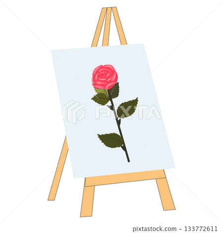 A canvas on an easel depicting a single, lush, bright pink rose.  133772611