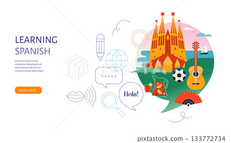 Spanish Language learning, concept design. Travel, tourism illustration of Spain. Speech bubble with 133772734