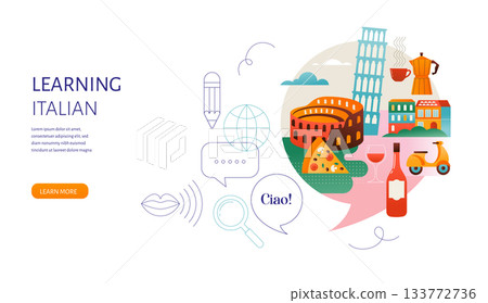 Italian Language learning, concept design. Travel, tourism illustration of Italy. Speech bubble with 133772736