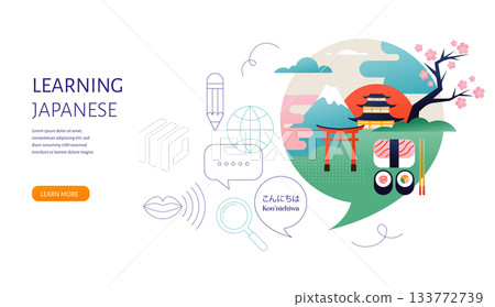 Japanese Language learning, concept design. Travel, tourism illustration of Japan. Speech bubble Japanese Language learning, concept design. Travel, tourism illustration of Japan. Speech bubble 133772739