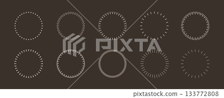 Round analog dashed lines timer icon. Dotted watch, speed frame, meter scale line vector template on dark background. 133772808