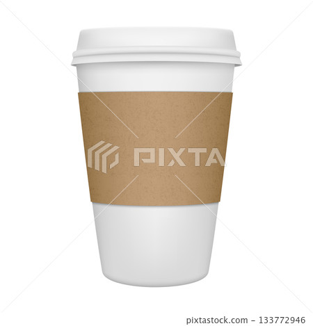 Paper Coffee Cup with Sleeve. Takeaway Coffee Cup with Kraft Sleeve, Disposable Paper Coffee Cup To Go for Cafe Branding, Hot Drink Packaging and Coffee Shop Design 133772946