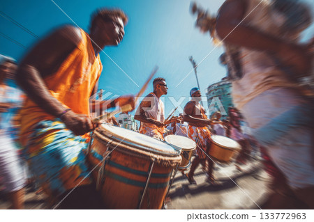 Street musicians playing traditional drums during vibrant festival 133772963