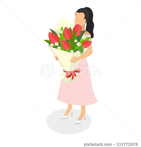 3D Isometric Flat Vector Illustration of Romantic Floral Gifts, Gorgeous Bouquets Of Flowers. Item 1 133772978