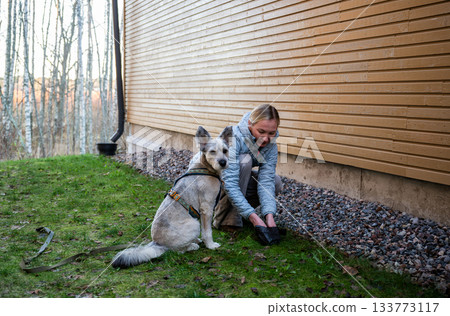 woman cleaning up after dog outdoors in residential yard woman cleaning up after dog outdoors in residential yard 133773117