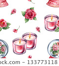 A watercolor New Year's winter ball with a candle and pink flowers on a white background for invitations. This background is perfect for fabric, textiles, packaging, branding, and scrapbooks. 133773118