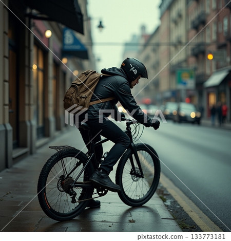 Cyclist pauses on rainy urban street with backpack Generative AI 133773181