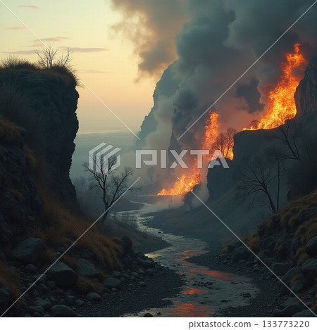 Flames rise high above the river in a dramatic canyon scene Generative AI Flames rise high above the river in a dramatic canyon scene Generative AI 133773220
