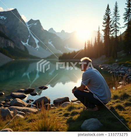Reflection by the tranquil lake during sunset in the mountains Generative AI Reflection by the tranquil lake during sunset in the mountains Generative AI 133773275