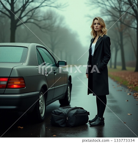 Mysterious woman stands by her car on a foggy road Generative AI 133773334