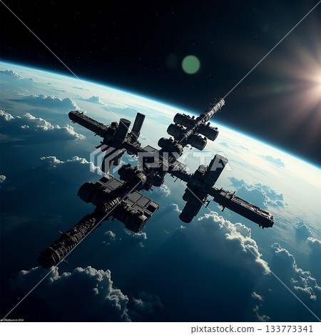 International space station orbits Earth at sunset Generative AI 133773341