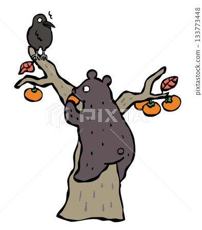 熊和烏鴉一起爬柿子樹。 133773448