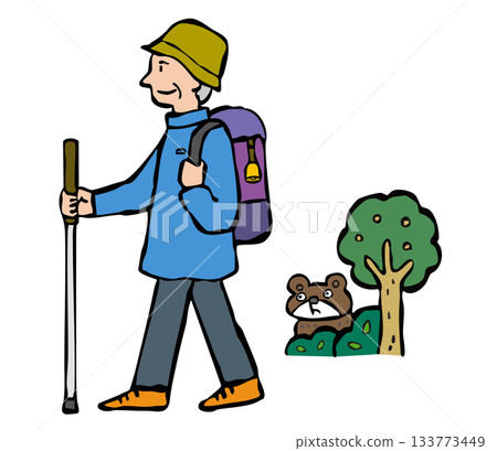 Senior man hiking wearing a bear bell 133773449