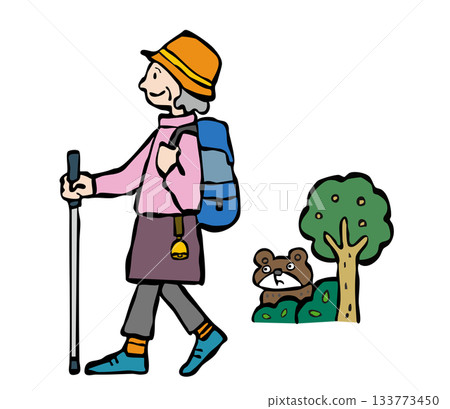 Senior woman hiking wearing a bear bell Senior woman hiking wearing a bear bell 133773450