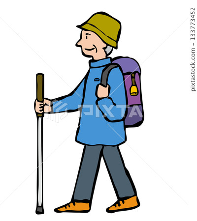 Senior man hiking wearing a bear bell Senior man hiking wearing a bear bell 133773452