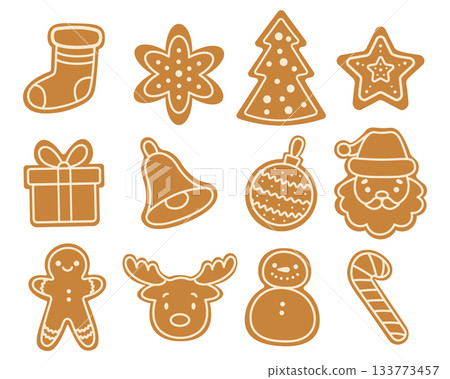 Collection of Christmas gingerbread cookies in various shapes. Isolated white background. Vector illustration Collection of Christmas gingerbread cookies in various shapes. Isolated white background. Vector illustration 133773457