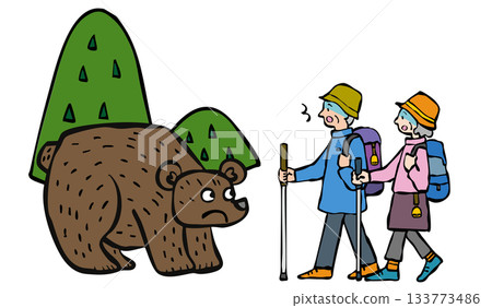 Senior man and woman who encountered a bear while hiking. Senior man and woman who encountered a bear while hiking. 133773486