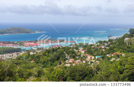 Mahe island, Seychelles. A spectacular aerial view showcasing an islands marina 133773496
