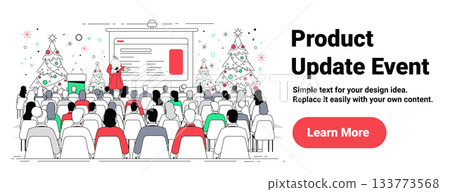 Santa Christmas product update event conference audience festive decorated hall Christmas trees stage presentation screen business meeting website banner 133773568