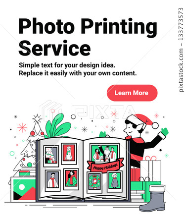 Santa Christmas photo album holiday celebration open scrapbook with family portraits Christmas tree gifts festive decorations elf cartoon character modern flat website banner 133773573