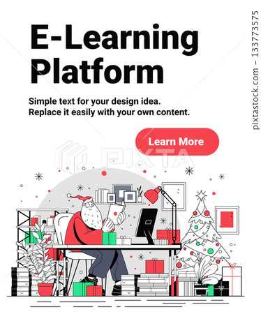 Santa e-learning Christmas online education workspace digital gifts decorated tree festive home office books computer modern flat design Santa e-learning Christmas online education workspace digital gifts decorated tree festive home office books computer modern flat design 133773575