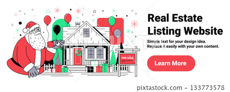 Santa Christmas house for sale holiday real estate festive home decorated with wreath balloons gifts snow background website banner Santa Christmas house for sale holiday real estate festive home decorated with wreath balloons gifts snow background website banner 133773578