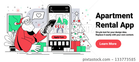 Santa using smartphone Christmas apartment rental app festive living room gifts decorated tree fireplace digital banner template 133773585