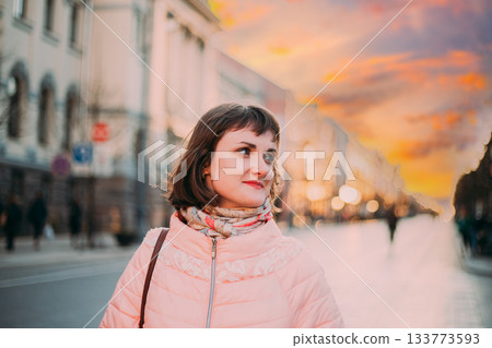 Vilnius, Lithuania. Young Beautiful Pretty Caucasian Girl Woman Dressed In Jacket Enjoying Life On Street Of Vilnius In Lithunia 133773593
