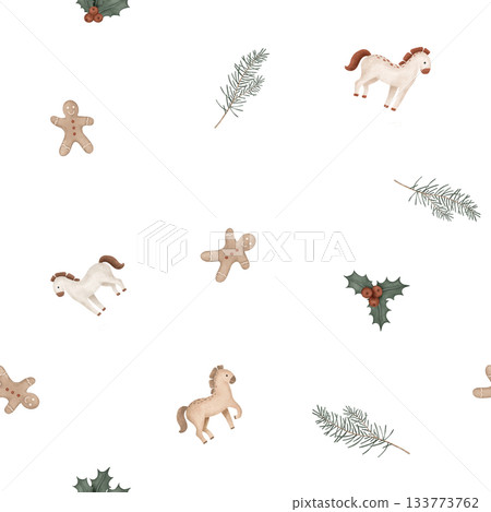 Christmas seamless pattern with symbol new year 2026, horses, pine branches, for tree. Repeat ornament with illustration holly and red berries and sweet cookie gingerbread man. Christmas seamless pattern with symbol new year 2026, horses, pine branches, for tree. Repeat ornament with illustration holly and red berries and sweet cookie gingerbread man. 133773762