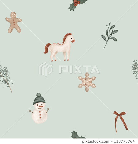 Christmas seamless pattern with symbol new year 2026, horses, pine branches, for tree. Repeat ornament with illustration holly and red berries and sweet cookie gingerbread and snowman. Christmas seamless pattern with symbol new year 2026, horses, pine branches, for tree. Repeat ornament with illustration holly and red berries and sweet cookie gingerbread and snowman. 133773764
