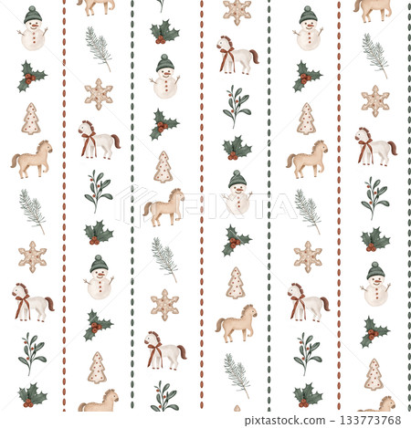 Christmas seamless pattern with horses, pine branches, for tree, bow. Repeat ornament with illustration holly and red berries and sweet cookie gingerbread and snowman on vertical stripes background 133773768