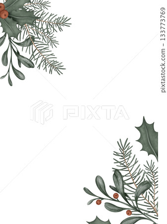 Vertical frame with hand drawn illustration of green branch of fir tree and holly with red berry. Postcard for New year or Christmas design in muted tones 133773769