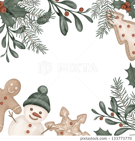Square frame watercolor illustration with pine branches, for tree, bow. Postcard for holly and red berries and sweet cookie gingerbread. Hand drawn new year illustration snowman. Square frame watercolor illustration with pine branches, for tree, bow. Postcard for holly and red berries and sweet cookie gingerbread. Hand drawn new year illustration snowman. 133773770