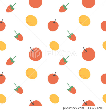 Seamless pattern of apples, strawberries, and lemons. Cute fruity background. 133774203