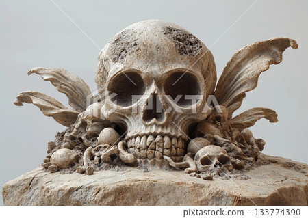 Skull carved from stone with crossbones design in a minimalistic setting Skull carved from stone with crossbones design in a minimalistic setting 133774390