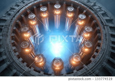 Futuristic glowing energy core with metallic structure and blue 133774519