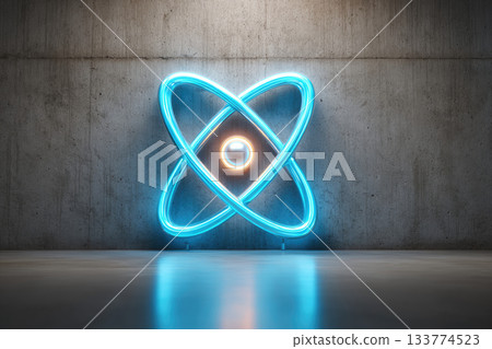 Neon glowing atom symbol with blue rings and central sphere on wall 133774523
