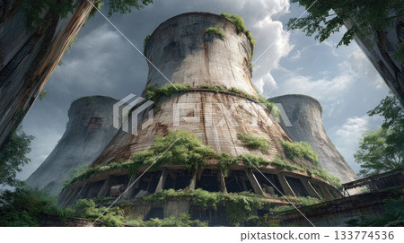 Abandoned cooling tower with overgrown plants under cloudy sky 133774536