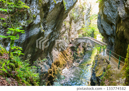 Old small stone bridge over river at Gorges de l'Areuse, Switzerland 133774582
