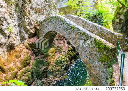 Old small stone bridge over river at Gorges de l'Areuse, Switzerland 133774583