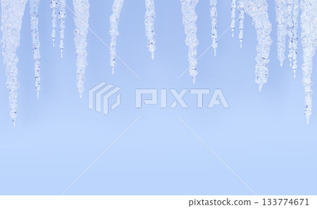 White transparent hanging icicles on blue 3d background. Winter Christmas border of sharp ice stalactites. Render icy crystals, frozen water. Nature decoration horizontal banner. 3D illustration 133774671