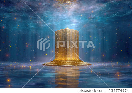 Golden glowing pedestal with sparkles underwater in blue light 133774974