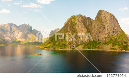 Fjord and mountains landscape. Lofoten islands Norway Fjord and mountains landscape. Lofoten islands Norway 133775054