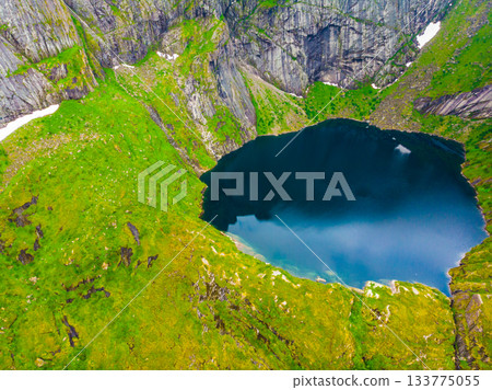 Aerial view on mountain lake, Lofoten islands Norway 133775055
